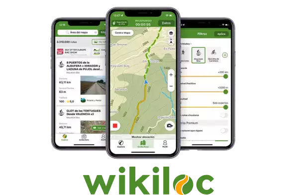 Imaxe con smartphones coa app de Wikiloc para facer roteiros de sendeirismo e o logo de Wikiloc debaixo.